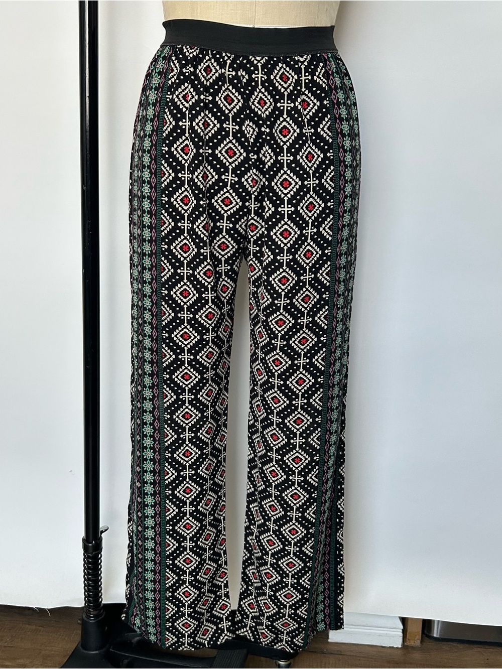 Patterned Wide-Leg Womens Pants - Black with Red & Green Accent